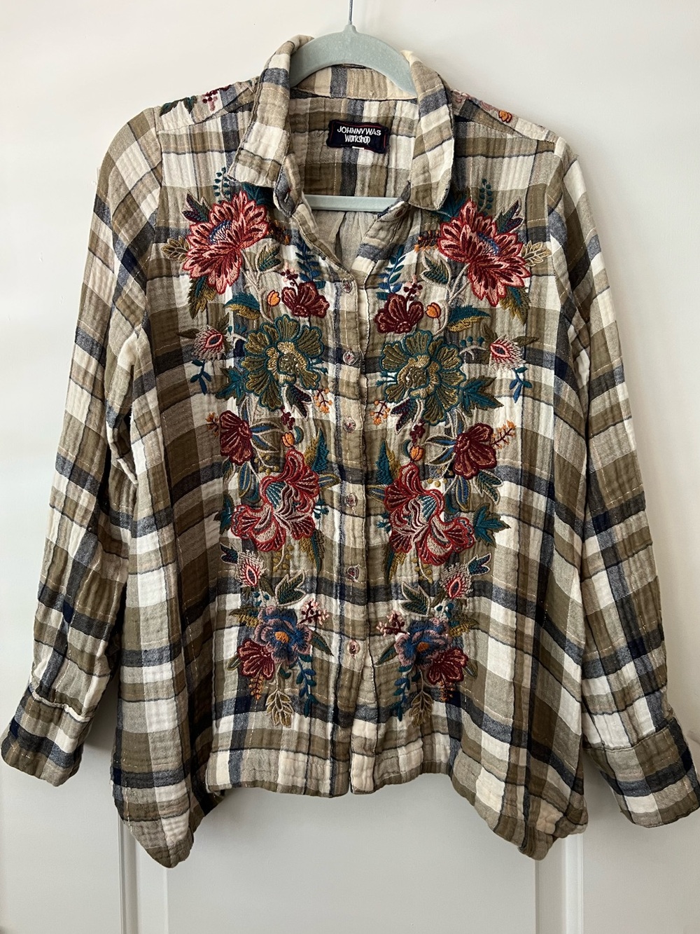 Johnny Was Workshop Button Up Shirt Plaid Embroidered Top Flowers Floral